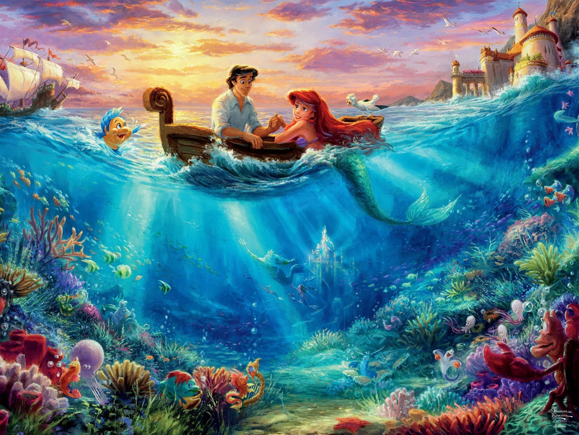 Ariel and Prince Eric in a rowboat with Flounder nearby above a vibrant reef — HD PC desktop wallpaper from The Little Mermaid (1989) movie.