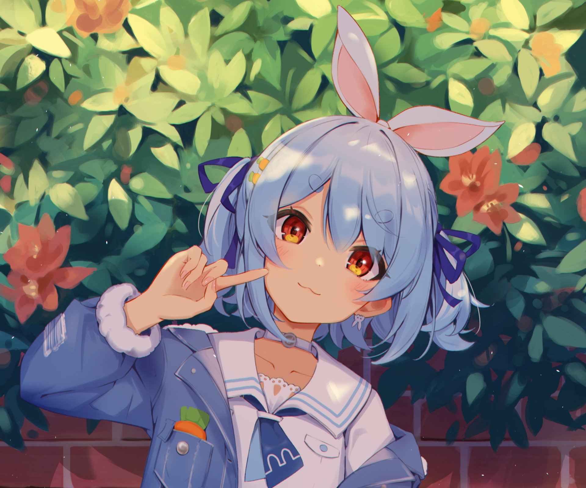 HD anime-style desktop wallpaper featuring Usada Pekora, a Virtual YouTuber from hololive, set against a vibrant garden background with flowers and greenery.