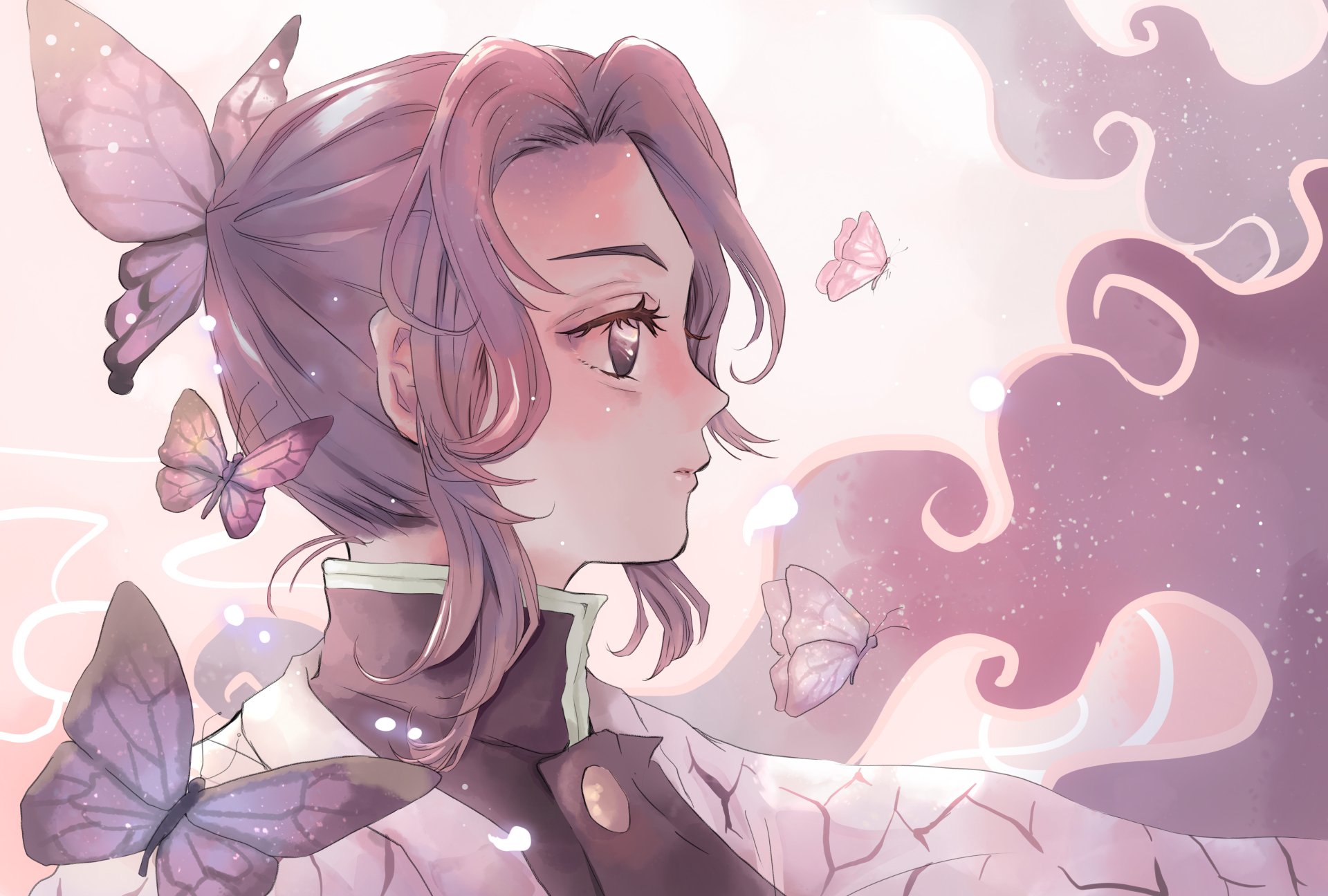 A 4K Ultra HD anime wallpaper featuring Shinobu Kocho from Demon Slayer: Kimetsu no Yaiba surrounded by butterflies in soft pastel tones.
