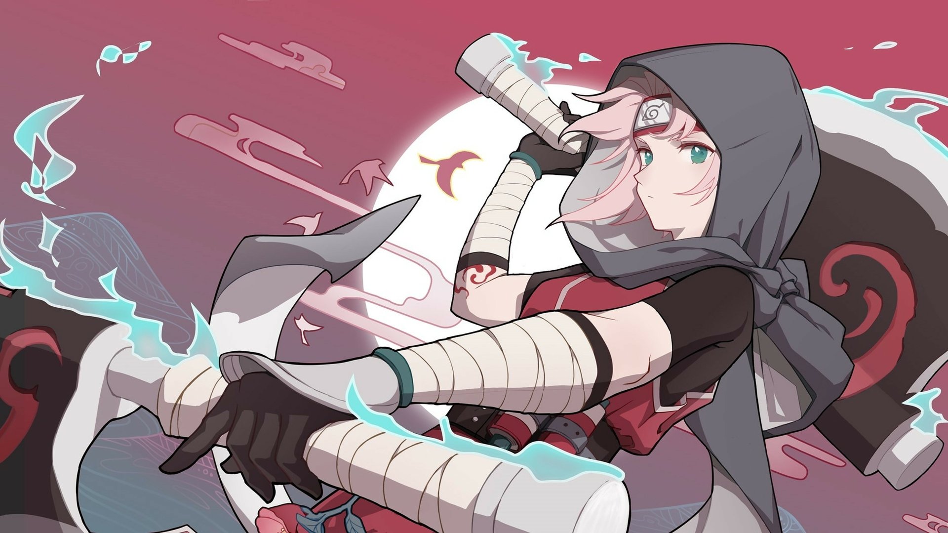 HD anime wallpaper featuring Sakura Haruno from Naruto, depicted in a dynamic pose with a hood and kunai against a stylized pink and red background.