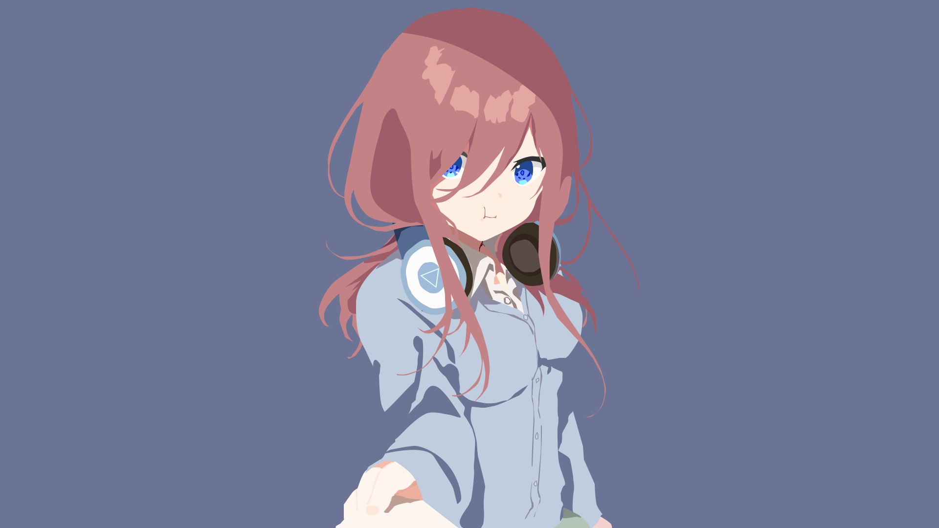 Minimalist anime HD PC desktop wallpaper of Miku Nakano from The Quintessential Quintuplets — stylized portrait with blue eyes, headphones, and a muted purple background.