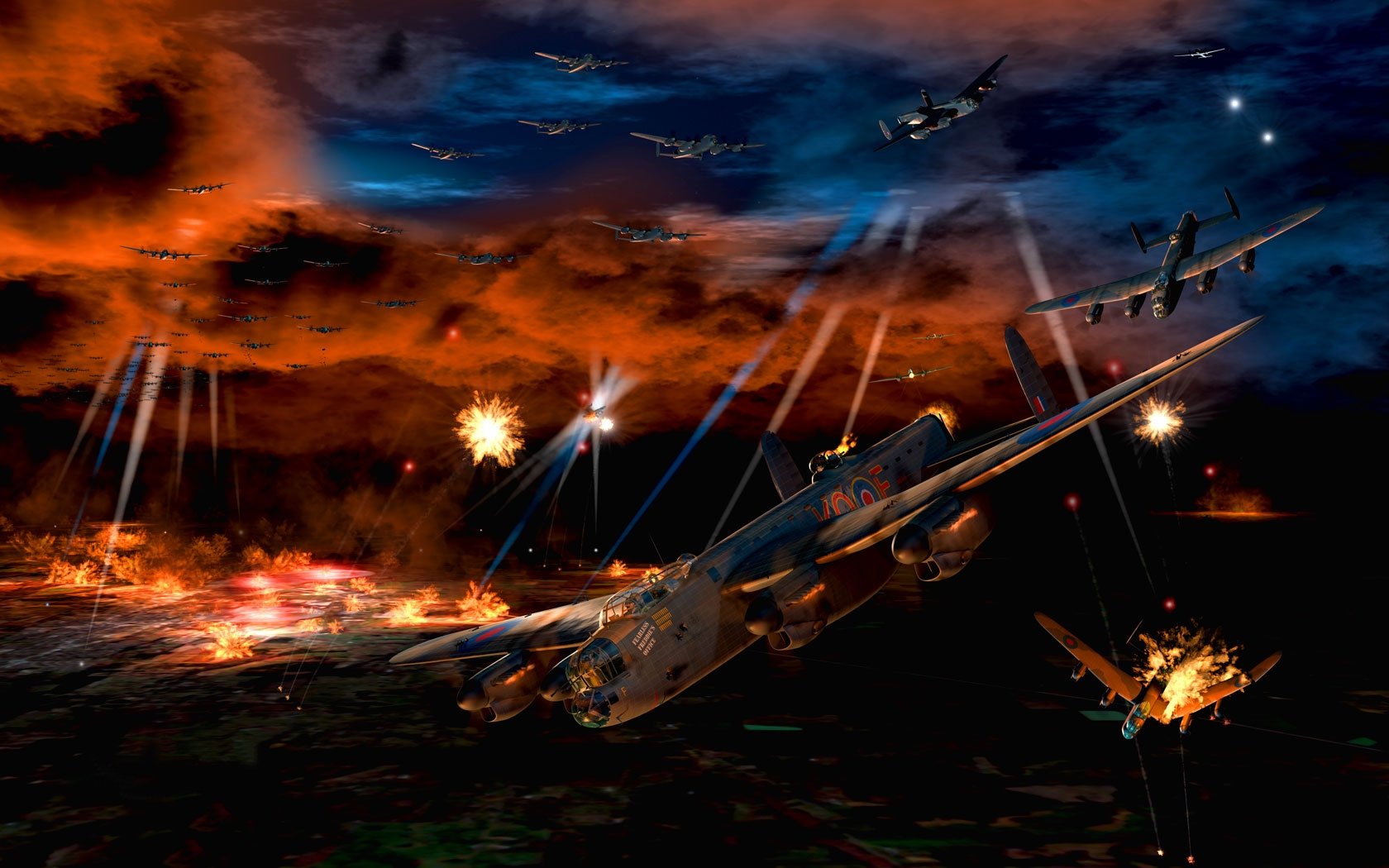 HD PC desktop wallpaper depicting a dramatic military aircraft battle scene with planes engaged in intense aerial combat against a fiery, dark sky.