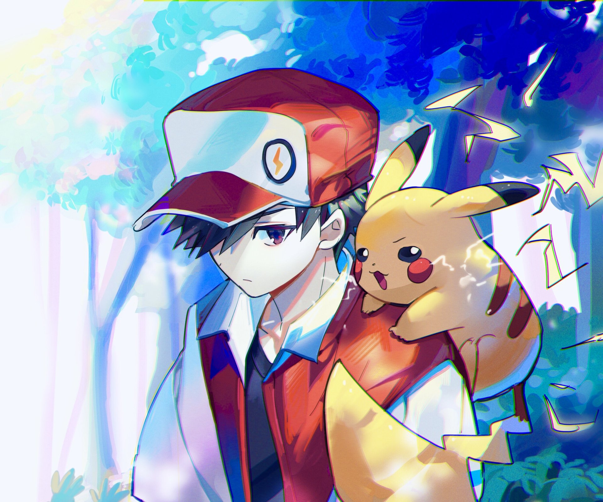 HD PC desktop wallpaper: anime-style Pokémon scene featuring Red (Pokémon) with Pikachu on his shoulder against a vibrant, painterly forest background.