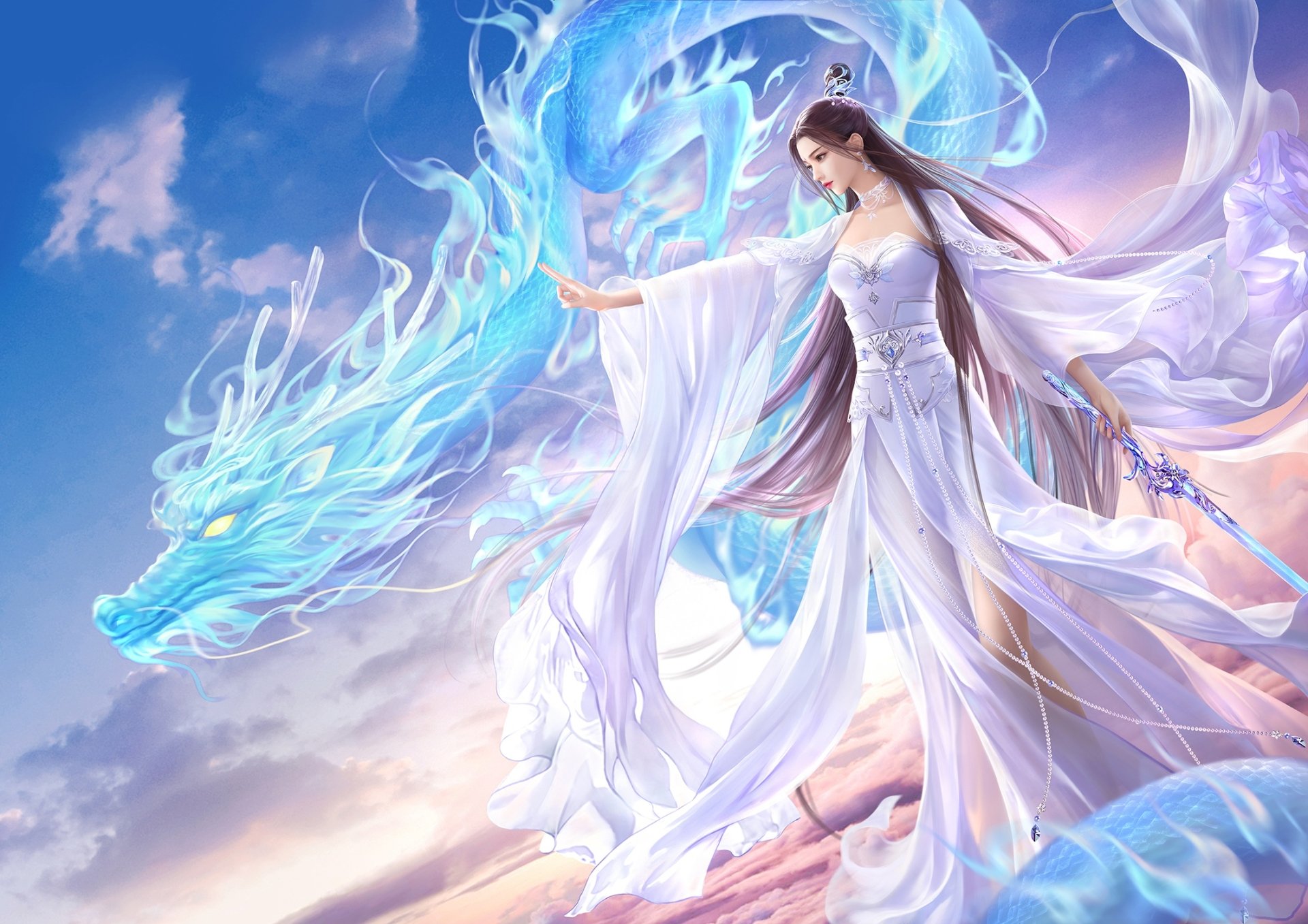 HD PC desktop wallpaper: a fantasy scene of a graceful woman in flowing white robes summoning a glowing blue Chinese dragon above the clouds.