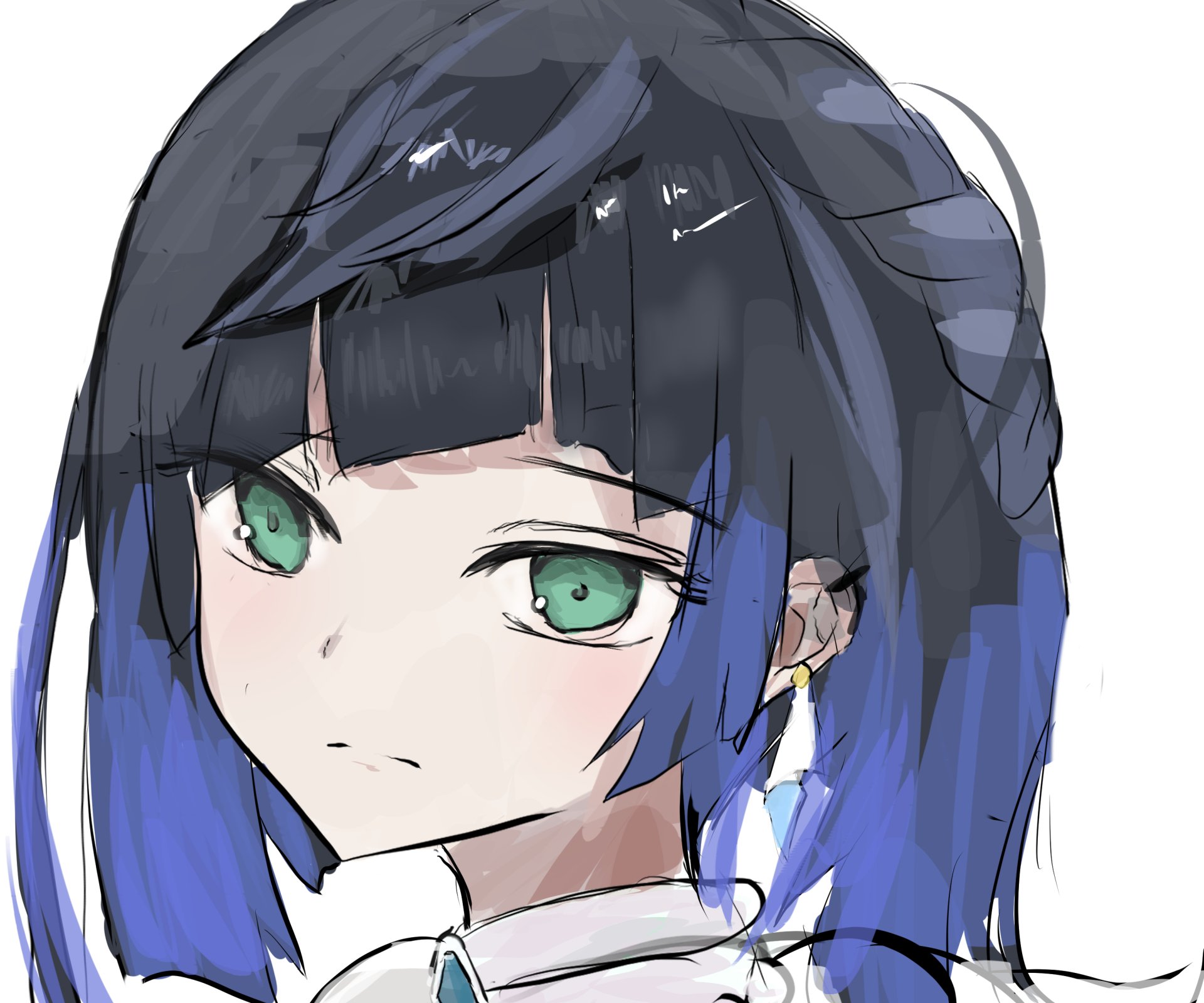 Yelan (Genshin Impact) close-up portrait, green eyes and dark blue hair — 2K Quad HD PC desktop wallpaper/background, video game art.