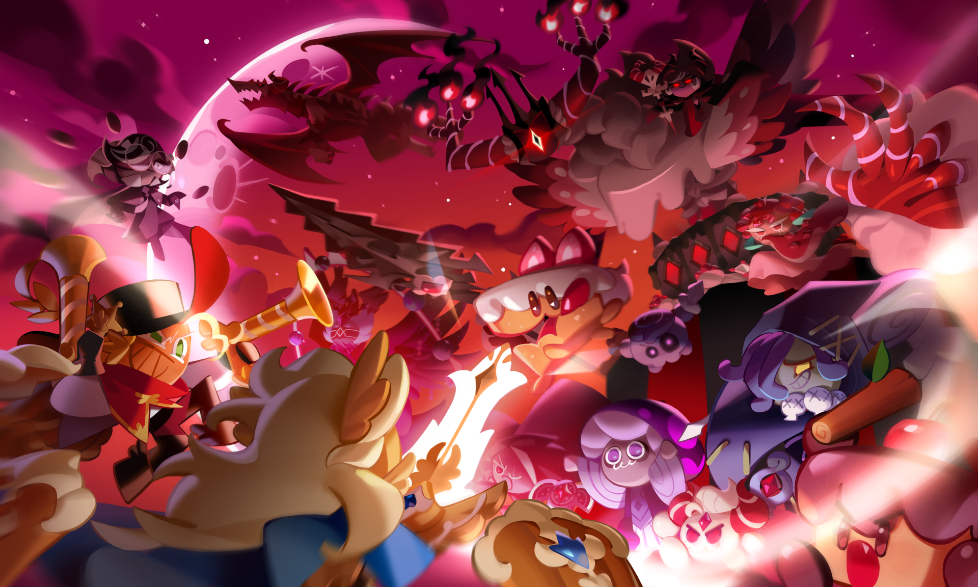 HD PC desktop wallpaper featuring vibrant characters from the video game COOKIE RUN: KINGDOM in an intense, dynamic battle scene under a glowing red moon.