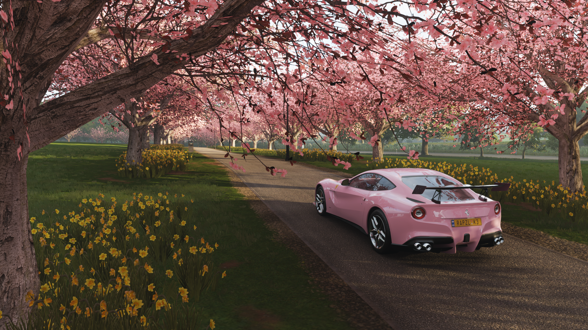 A pink sports car drives along a tree-lined path with blooming sakura flowers in the vibrant HD Forza Horizon 4 video game desktop wallpaper.