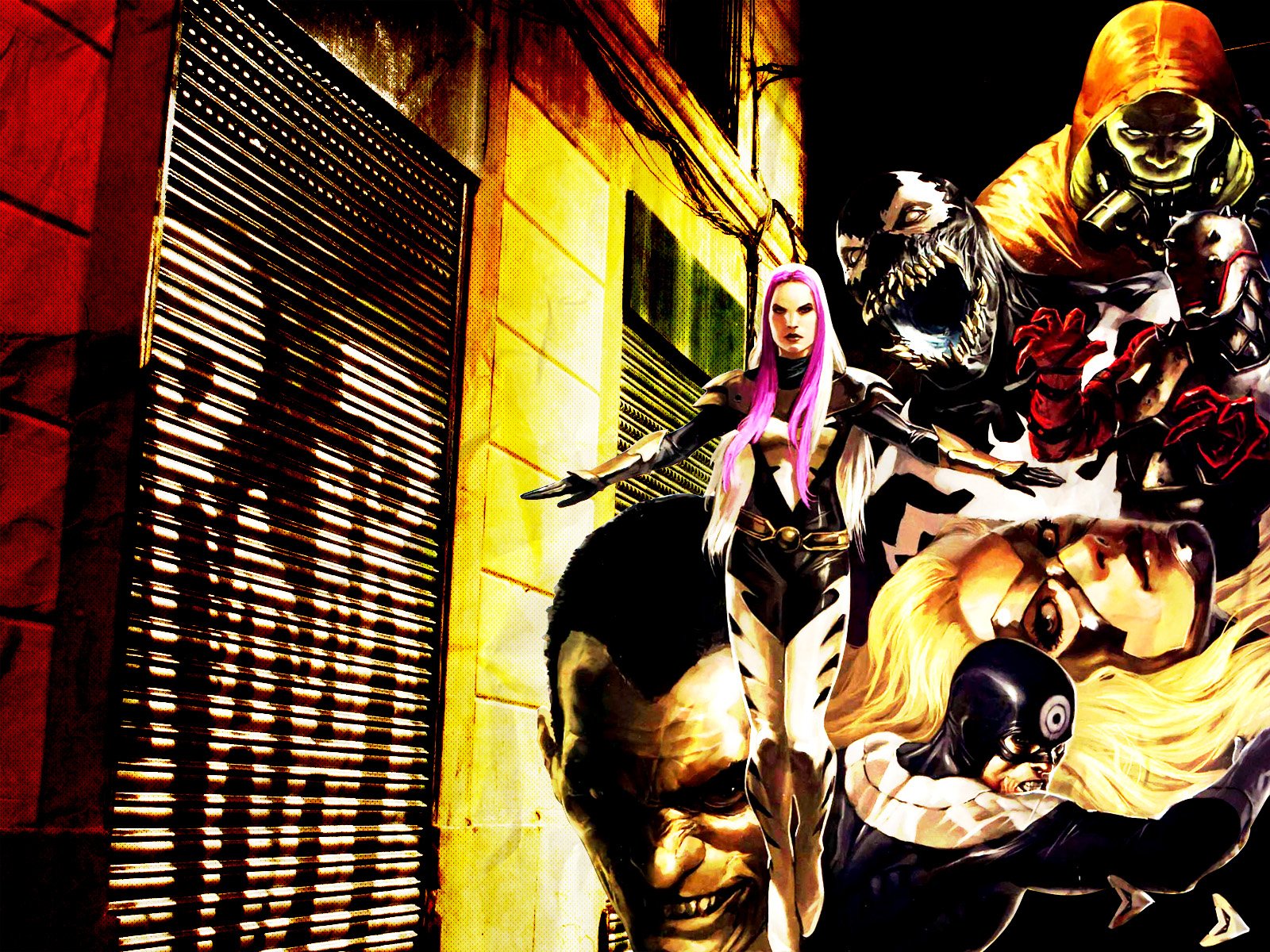 HD PC desktop wallpaper background: Thunderbolts comic team in a gritty, neon-lit alley, characters in dynamic, dramatic poses with heavy shadows and bold colors.
