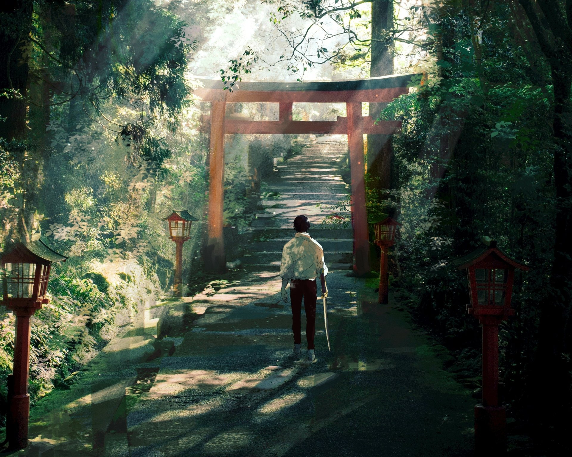 HD PC desktop wallpaper featuring Yuta Okkotsu from Jujutsu Kaisen 0 standing on a forest path leading through a traditional Japanese torii gate.