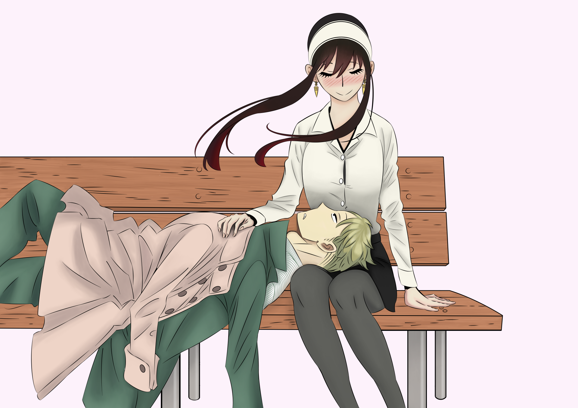 Yor Forger seated on a bench, smiling while Loid Forger rests his head in her lap — Spy x Family anime scene, 4K Ultra HD PC desktop wallpaper/background.