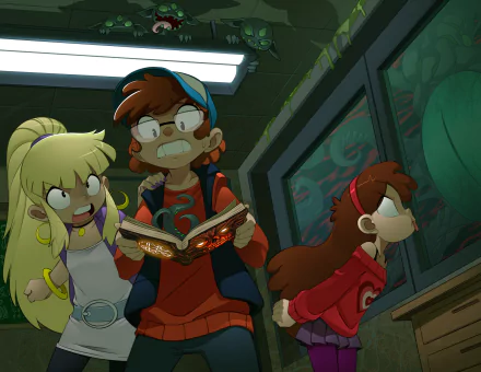 Pacifica Northwest, Mabel Pines, and Dipper Pines from the TV show Gravity Falls appear in a suspenseful scene in this HD PC desktop wallpaper.