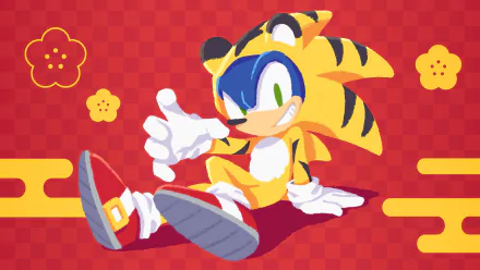 Vibrant 8K Ultra HD PC desktop wallpaper featuring Sonic the Hedgehog dressed in a yellow tiger costume with a red and orange patterned background.