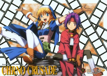 HD PC desktop wallpaper of Chrono Crusade anime: Rosette (blonde nun) and Chrono (purple-haired) seated before a stylized filmstrip background.