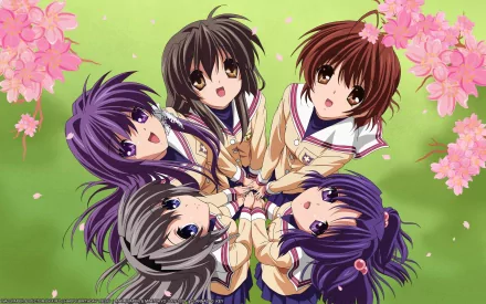 HD anime desktop wallpaper featuring Tomoyo Sakagami, Kotomi Ichinose, Kyou Fujibayashi, Fuuko Ibuki, and Nagisa Furukawa from Clannad, surrounded by pink cherry blossoms.