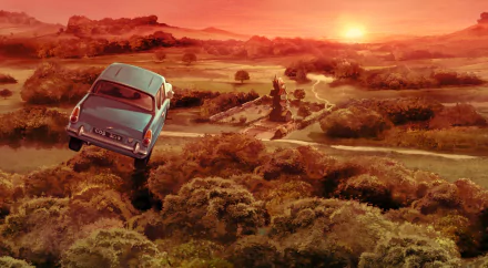 Ford Anglia 100E from Harry Potter and the Chamber of Secrets flying over a golden sunset countryside, HD PC desktop wallpaper/background.