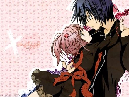 Anime wallpaper featuring characters from Shugo Chara! in a close embrace against a pink patterned background, showcasing vibrant colors and dynamic expressions.