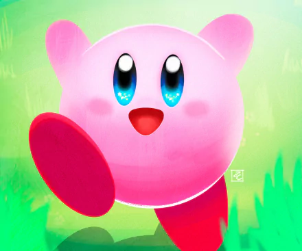HD PC desktop wallpaper of Kirby from the video game Kirby and The Forgotten Land: smiling pink sphere with blue eyes stepping forward against a bright green backdrop.