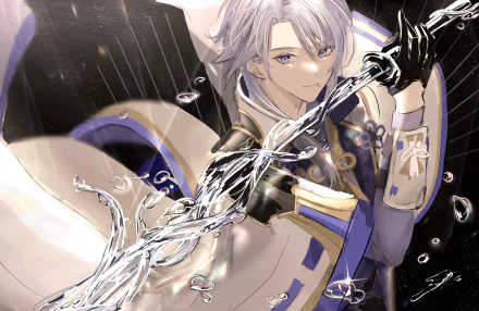 HD PC desktop wallpaper featuring Kamisato Ayato from the video game Genshin Impact, showcasing dynamic water effects and detailed character art.