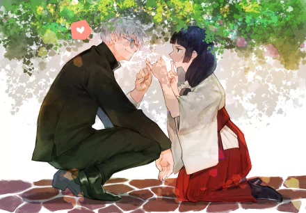 Utahime Iori and Satoru Gojo from Jujutsu Kaisen share a tender moment under lush greenery in this vibrant 4K Ultra HD anime desktop wallpaper.
