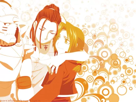 A vibrant HD wallpaper featuring Izumi Curtis, Alphonse Elric, and Edward Elric from the anime Fullmetal Alchemist, surrounded by dynamic, circular patterns in warm colors.
