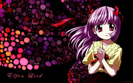 A vibrant HD desktop wallpaper featuring Lucy from *Elfen Lied*, showcasing her with striking purple hair and large, expressive eyes against a colorful, abstract background.