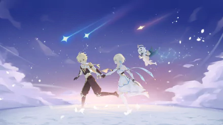 4K Ultra HD Genshin Impact desktop wallpaper featuring characters Aether, Lumine, and Paimon floating against a dreamy sky with shooting stars.