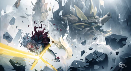 HD PC desktop wallpaper featuring Noelle from the video game Genshin Impact in an intense battle scene with dynamic lighting and shattered debris.