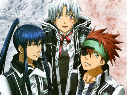 A colorful HD wallpaper featuring Yu Kanda, Lavi, and Allen Walker from the anime D.Gray-man, showcasing the trio's distinctive styles and expressions against a textured background.