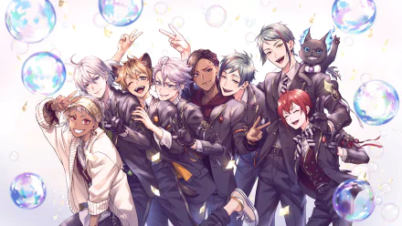 HD PC desktop wallpaper and background of Twisted Wonderland video game: nine smiling students in dark uniforms pose with bubbles, playful gestures and a small black cat.