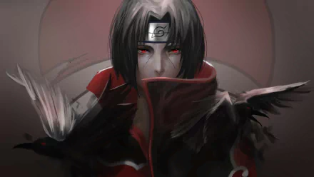Itachi Uchiha from Naruto anime with red Sharingan eyes, dark cloak, and crows, featured in a 4K Ultra HD PC desktop wallpaper.