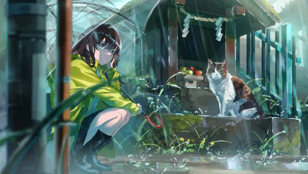 Anime girl in a yellow raincoat crouches under an umbrella near a cat by a small shrine, depicted in vibrant 4K Ultra HD PC desktop wallpaper style.
