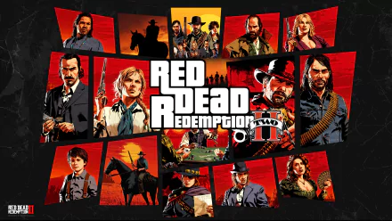 A vibrant 4K Ultra HD wallpaper featuring characters from the video game Red Dead Redemption 2, showcasing a collage of iconic figures against a dramatic red background.