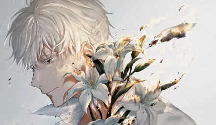 HD anime wallpaper featuring Satoru Gojo from Jujutsu Kaisen with white lilies and a soft, ethereal background for PC desktop use.