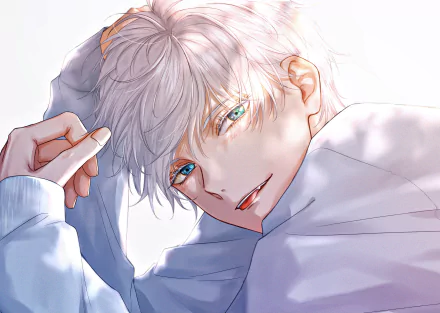 HD anime desktop wallpaper featuring Satoru Gojo from Jujutsu Kaisen, showcasing his striking white hair and vivid blue eyes in a close-up portrait.