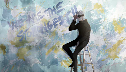 4K Ultra HD anime wallpaper featuring Satoru Gojo from Jujutsu Kaisen, seated on a ladder against a textured, colorful background with the text We Are The Strongest!!