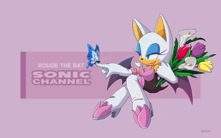 HD PC desktop wallpaper featuring Rouge the Bat from the Sonic the Hedgehog video game, holding a bouquet of tulips with a butterfly perched on her finger.