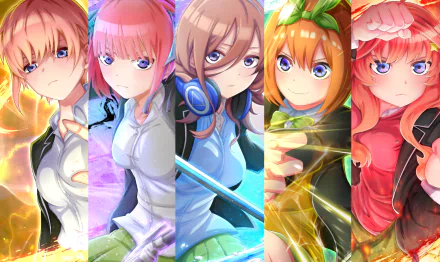 HD PC desktop wallpaper featuring Yotsuba, Nino, Ichika, Miku, and Itsuki Nakano from the anime The Quintessential Quintuplets in vibrant, dynamic poses.