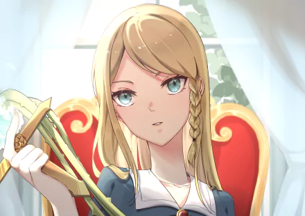 Charlotte Roselei from Black Clover seated on a red throne, blonde braid and teal eyes, holding a sword — HD PC desktop wallpaper and background.