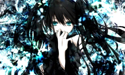 HD wallpaper featuring an Anime character with long black hair, blue eyes, and a mysterious expression, set against an abstract background with blue and black elements. From the series Black Rock Shooter.