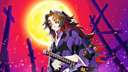 HD anime desktop wallpaper featuring Kokushibo from Demon Slayer: Kimetsu no Yaiba, with a vibrant full moon and striking red and purple hues in the background.