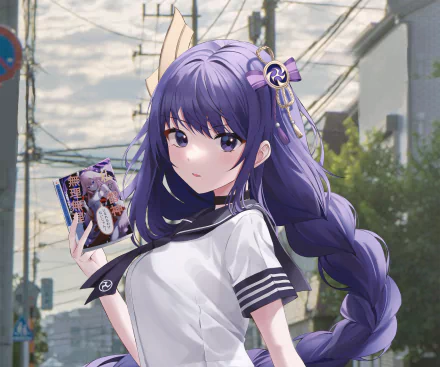HD PC desktop wallpaper of Baal Raiden Shogun (Genshin Impact), the video game character with long purple hair holding a card on a sunlit urban street background.