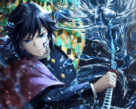 An HD wallpaper featuring Giyuu Tomioka from Anime Demon Slayer: Kimetsu no Yaiba, showcasing his fierce expression surrounded by swirling water.