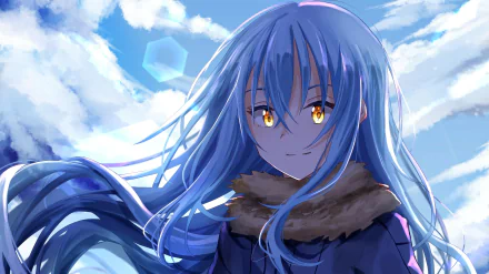 HD anime wallpaper featuring Rimuru Tempest from That Time I Got Reincarnated as a Slime, with flowing blue hair and golden eyes against a bright sky background.