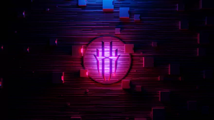 HD PC desktop wallpaper featuring the RedMagic technology logo: a glowing circular emblem with three vertical claw-like slashes on a dark, linear, neon-red and purple tech background.