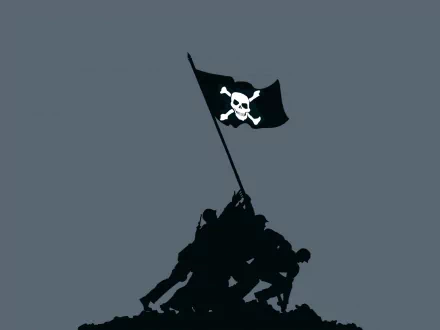 A striking HD wallpaper featuring a pirate flag with the Jolly Roger, set against a dark background, symbolizing technology and the hacker spirit.