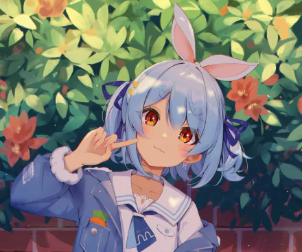 HD anime-style desktop wallpaper featuring Usada Pekora, a Virtual YouTuber from hololive, set against a vibrant garden background with flowers and greenery.