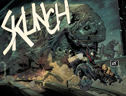 Comic-style Venom sprawls across a ravaged cityscape, tendrils and torn debris in motion — high-contrast, 4K Ultra HD PC desktop wallpaper and background.