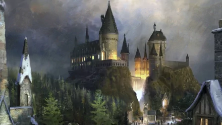 HD desktop wallpaper featuring a majestic view of Hogwarts Castle amidst a mystical fantasy landscape, with lush forests and enchanting structures in the foreground.
