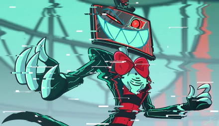 Vox from the TV show Hazbin Hotel: TV‑headed demon with a glitchy cyan and red palette, wide CRT grin and heart-shaped glasses, striking pose — HD PC desktop wallpaper background.