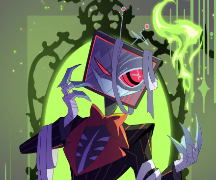 HD desktop wallpaper featuring Vox from the TV show Hazbin Hotel, showcasing his sharp, angular design with vibrant green and dark tones in the background.